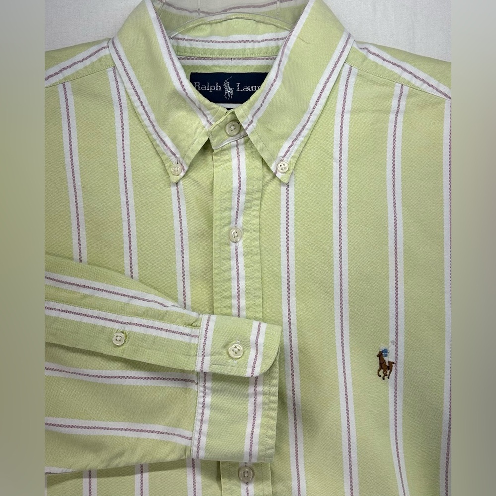 Ralph Lauren Long Sleeve Button Down Light Green Red Striped Shirt Men's Large